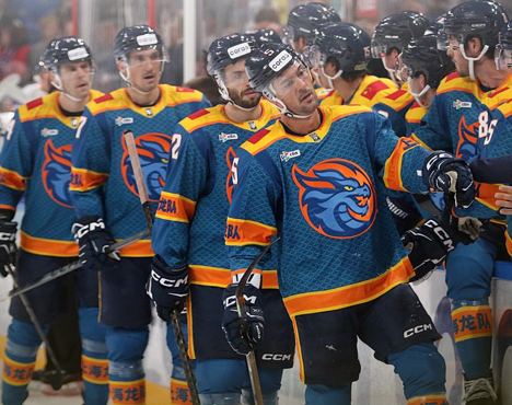 Команда хоккеистов в яркой форме с драконом на эмблеме стоит на льду. Они обмениваются поздравлениями, на заднем плане видны размытия болельщиков за прозрачным ограждением арены